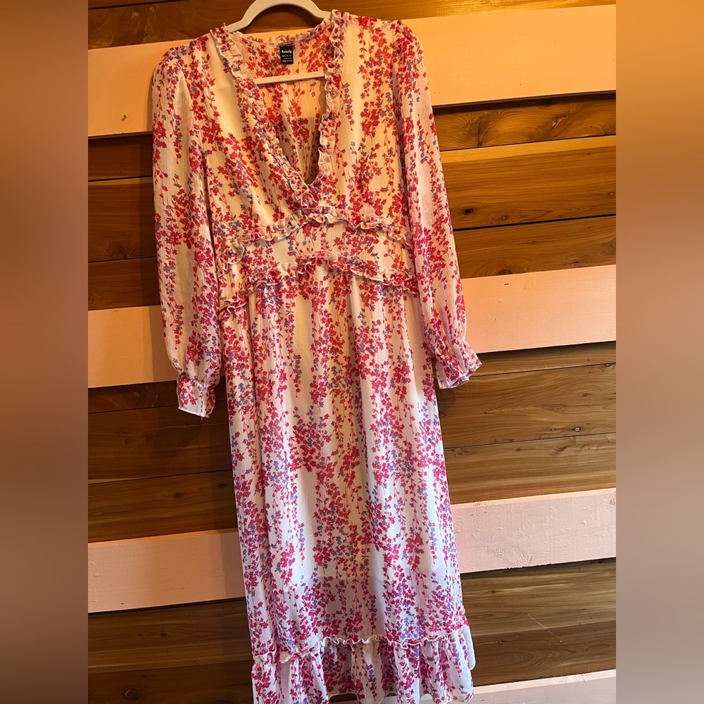 Pink and Red Pleated Wrap Sundress with Bishop Sleeves